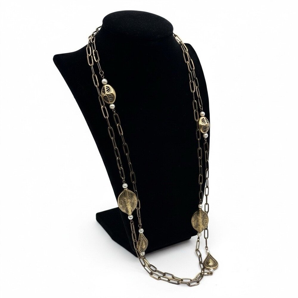 Vintage 80s Gold Tone Layered Chain Necklace Pearl Stations 29" Long